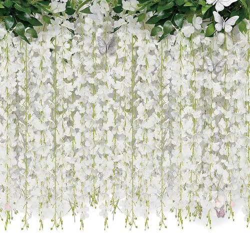 YcsRnn 2 Pack 20 Branches Wisteria Artificial Flowersm, 6 Feet Hanging Flowers, Artificial White Wisteria Vine Silk Flowers for Wedding Arch Party Garden Home Decor (White)
