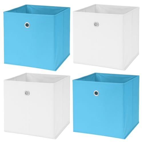 Murago - 4er Set Faltbox ca. 30x30x30 cm - Blau & Weiß - Würfel Aufbewahrungsbox faltbar Aufbewahrungskörbe Einschub Korb Boxen Stoff für Kleidung Spielzeug Kinderzimmer Baby Jungs Klappbox Hellblau