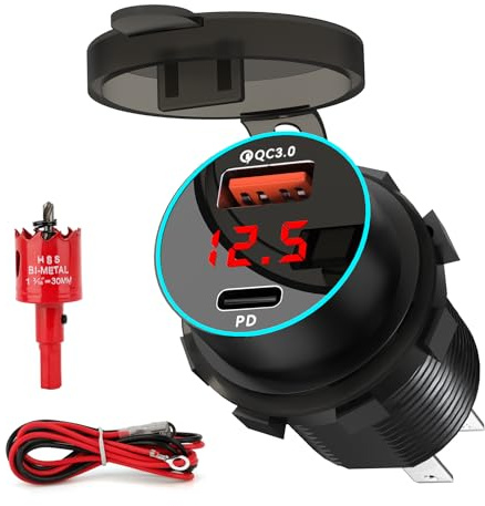 ShinePick USB Steckdose Auto Ladegerät für 12-24 V, Aluminiumlegierung, schnelles Aufladen, PD+ QC3.0, wasserdicht, mit digitalem Voltmeter für Motorrad, Auto, Wohnmobil, LKW, Boot
