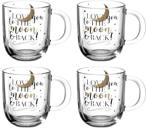 Leonardo Emozione Geschenk Tassen 4er Set, Love you to the moon & back Design, spülmaschinengeeignete Tee und Kaffee Becher mit Mond Motiv und Schriftzug, 400 ml, 046450