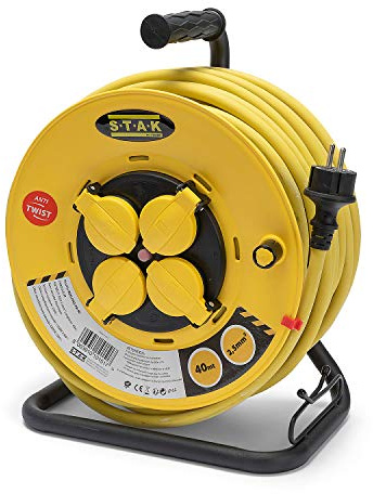 Stak REELPRO-FR-40 professionell elektrisk rullare, fast trumma, vattenproof IP44 kabel 40 m gummikabel 3G2.5 m² för byggarbetsplats, DIY, trädgård. 4 uttag, stålchassi, gul