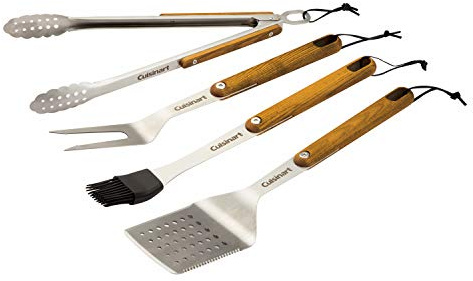 Cuisinart CGS-1100 (Spatula, Locking Tongs, Fork, Basting Brush) 4-Piece Grill Tool Set, Ash Wood Handle