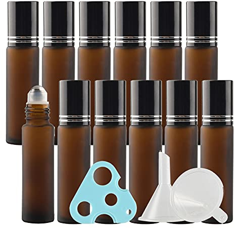 ZEOABSY Opaco Ambra Vetro Essential oil Roller Bottiglie con Tappo di nero, Sfere in Acciaio Inox, Marrone 10 ml 24 Pezzi Roll-On Bottiglietta per Aromaterapia, Fragranza + 1x Opener, 3x imbuto