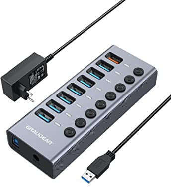 GRAUGEAR | 7-Port USB 3.0 HUB Charger | Extra 1x Quick Charge Port | Single On/Off Switch | Aluminium | with 48W (12V/4A) Power Supply | G-HUB71-A, Grey