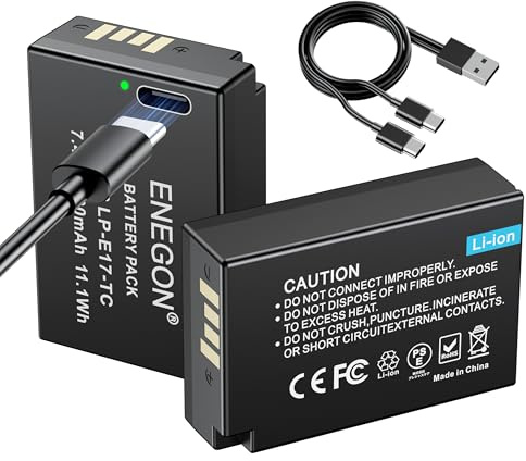 ENEGON LP-E17 Typ C Ladegerät Port Akkus 1500 mAh für Canon Rebel SL2, T6i, T6s, T7i, EOS R10, R8, RP, R50, R100, M3, M5, M6, EOS 200D, 250D, 77D, 750D, 760D, 800D, 8000D, RP
