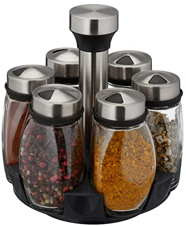Relaxdays Gewürzkarussell mit 6 Gewürzgläsern, mit Streueinsatz, drehbarer Gewürzständer, zum Tragen, silber/transparent