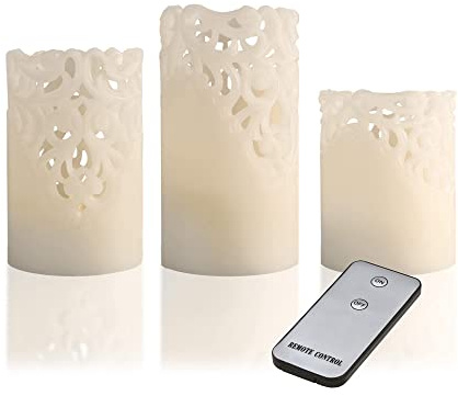 X4-LIFE LED Kerzen Spitzenmuster 3er-Set, Fernbedienung, LED-Echtwachskerzen, echtes Wachs, AA-Batterie, dekorativ, warmweißes, täuschend echt flackernde Kerzenflamme, Kerzen 10cm 12cm 15cm hoch