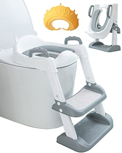 Trongle Potty Training Toilet Seat with Ladder for Toddler, Baby, Kid, Foldable Toddler Step, Adjustable Height Pad Stool PU Soft Padded Seat, Handlers Grey, (JOF-G4)