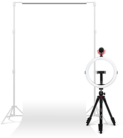 JOBY Creator Studio Complete Kit, Trípode Completo con Pinza para Smartphone, Anillo de Luz 12'', Micrófono de Escopeta Wavo On-Camera, Fondo de Papel Blanco y Cable de Carga Rápida 3 en 1 de 1,2 m