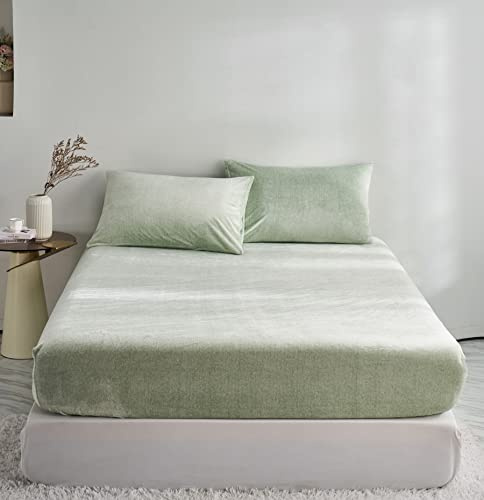 DXHOME Teddy - Sábana bajera de felpa para colchón de hasta 25-30 cm, 160 x 200 cm, color verde claro, tacto de cachemira, forro polar, sábana bajera ajustable para niñas