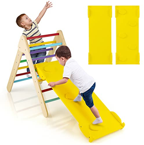 DREAMADE Triangle d'escalade avec Rampe Inclinaison Réglable, 3 en 1 Toboggan Montessori en Bois à Barreaux pour Grimper & Glisser, Convient à Enfants 1+ Ans (Multicolore)