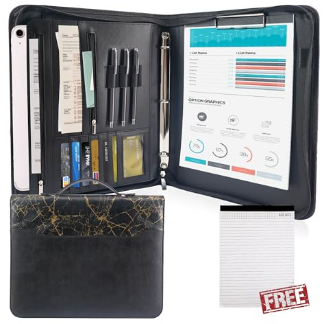 GraduationMall Schreibmappe A4 mit Ringbuch und Klemmbrett,Reißverschluss Portfolio Padfolio Business Mappe,Dokumentenmappe Organizer