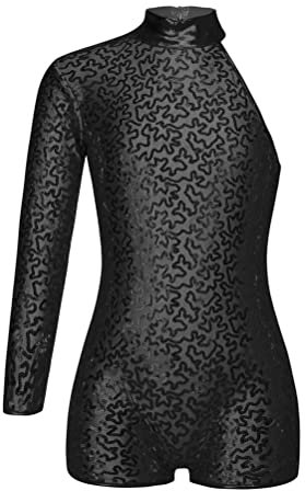 YOOJIA Gymnastikanzug Mädchen Pailletten Turnanzug Langarm Ballett Trikot EIN-Ärmel Trikot Overall Kurz Jumpsuit Dancewear Schwarz 134-140