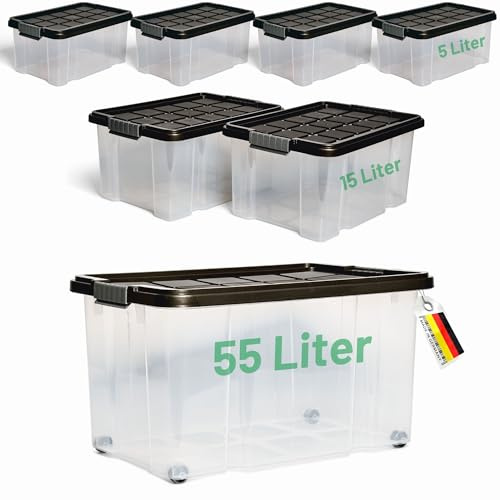 Novaliv 7 tlg Sparset Aufbewahrungsboxen mit Deckel Anthrazit 1x55 L + 2x 15L + 4x 5L Nestbar stapelbar Clipverschluss Rollboxen BPA-frei