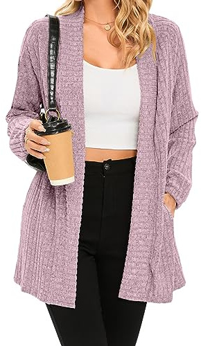 iChunhua Ladies Solid Color Oversized Ribbed Open Front Longline Cardigans Outwear with Pockets Pink XX-Large