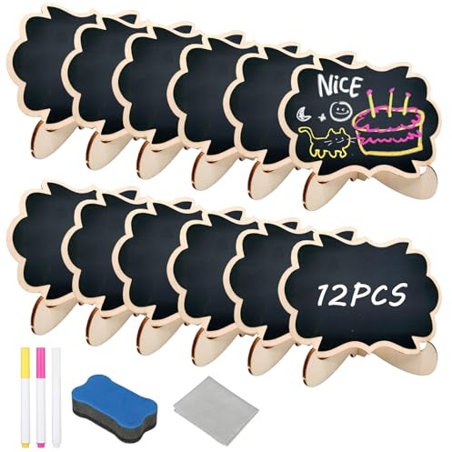 Kleine Kreidetafeln zum Beschriften, 12pcs Mini Tafeln mit Ständer, Löschbar Memotafel Tischschilder, Holz Kreidetafel Klein für Buffet, Hochzeit, Geburtstag Parties Tischdeko
