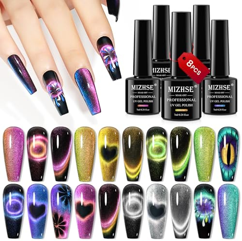MIZHSE Cat Eye UV Gel nagellack set med magnet – 8 färger 9D Cateye UV gel nagelpolish set cateye magnet UV nagellack set katt ögongel magnet nagellack glitter med svart bas för gör-det-själv manikyr | Magnetisk, Cat Eye Nail Art, Glitter Cateye, Gel Polsh Set, manikyr hemma/i salongen