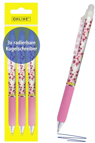 Online magiXX, 3x Radierstift Cherry Blossom I Gelschreiber blau radierbar mit 0,7mm Strichstärke I Tintenroller zum Schreibenlernen, Büro I Erasable Pen Set I Radierbarer Kugelschreiber Schüler
