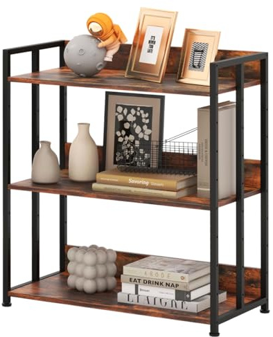 HOMASIS Libreria Scaffale Multiusa a 3/5 Ripiani Regolabili, Libreria Industriale da Terra con Dispositivo Anti-Ribaltamento, Scaffale Angolare da Soggiorno, Studio, Cucina (Marrone, 70 x 35 x 81 cm)