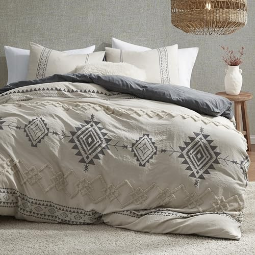 Oli Anderson Boho Duvet Cover Set Queen Size, Beige and Gray Color Clash 3 Pieces Microfiber Bedding Set, Durable and Super Soft Duvet Covers with Zipper and Ties, 90*90