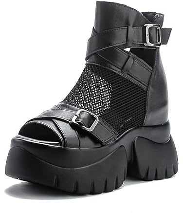 Sandali Romani Alti da Donna in Vera Pelle, Sandali con Plateau in Rete Cava con Fibbia Vintage, Stivaletti gotici Casual con Cerniera Posteriore e Punta Aperta,Black 2,36 EU