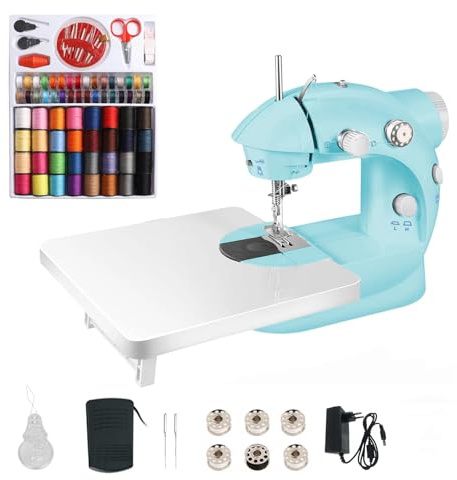 LetCart 202A Elektronische Nähmaschine, Mini-Nähmaschine, Tragbare Mini Nähmaschine mit 99 Stück Nähzubehör und Verlängerungstisch für Kleidung, Vorhänge, Kunsthandwerk (Blau)
