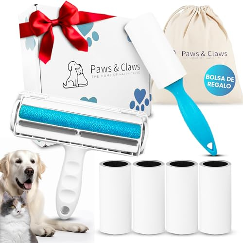 Paws&Claws. Cepillo, Quita pelos Mascotas, para Sofás, Alfombras y Coches, Reutilizable + Rodillo Quita Pelos Adhesivo, Eficaz para la Ropa y Superficies Lisas (300 Hojas) Bolsa algodón de Regalo