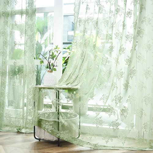 Kotile Sage Green Sheer Curtains 72 Inch Drop 2 Panels Rustic Floral Embroidered Scalloped Edges Green Lace Curtains for Living Room, Rod Pocket Privacy Voile Net Curtains for Windows, 52 x 72 Inch