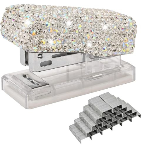 Blueshyhall Heftgerät Glitzer Klein, Bling Mini Stapler mit Diamant Strass, Mini Heftgerät Set mit 1000 Stück 26/6 Heftklammern, Tacker Hefter Klein Mini für Büro Schreibtisch (Weiß)