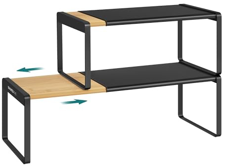 SONGMICS HOME Gewürzregal, 2er Set, ausziehbar, Küchen-Organizer, Küchenregal, Schrank-Organizer, Gewürzhalter, Küche, kleines Regal, stapelbar, Tisch-Organizer, naturbeige-tintenschwarz KCS051B01