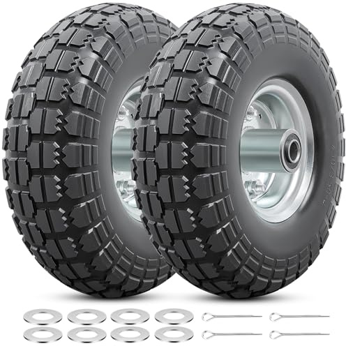 2PCS 4.10/3.50-4 pneus et roue (avec chambres à air) pneus de remplacement 4.10 3.50-4 roue pleine avec roulements 5/8 pouces,compatible diable, brouette, chariot, gorilla carts pneu 4.10-4 3.50-4