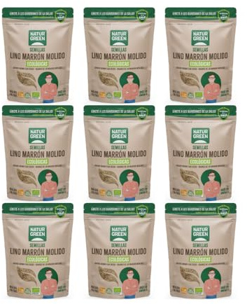 NaturGreen - Semillas Lino Marrón Molido Bio, Molido en Frío, Sin Gluten, 100% Vegetal, Ecológicas, Rico en Omega 3 y Proteínas, Fuente de Proteínas, Sin Azúcares Añadidos, Pack 9 Unidades de 150 g
