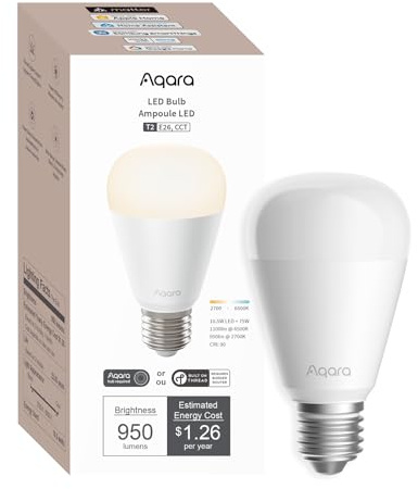 Aqara Thread/Zigbee Smart LED Light Bulb T2 E26, Tunable White (2700K-6500K), 75W Equivalent, Matter, Works with HomeKit, Alexa, Google