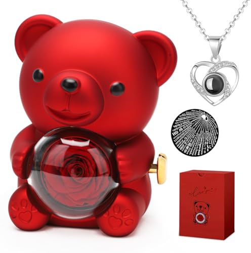 FOGARI Ewige Rose Teddybär Geschenkbox,Rosen Bär Mit Herz Damen Halskette,Rose Bear Gift Box,Kugel Rosenbox mit Gravur Doppelherzkette,für Frauen Freundin Mutter Muttertagsgeschenk Valentinstag(Rot)