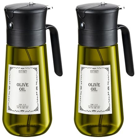 hoforife 2 PCS Glass Olive Oil Dispenser for Kitchen, 2 In 1 Oil Dispenser Bottle & Oil Sprayer for Cooking, Auto Flip Cap, 17oz Black (Light Blockage)