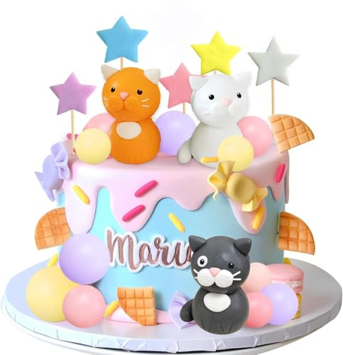 Cat Cake Topper Clay Figurines Star Yellow Pink Purple Ball Cake Decorations for Cat Theme Birthday Party Paw Cat Pet Party Supplies