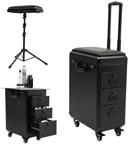 BRRIDE Kosmetikkoffer Trolley Tattoo Koffer mit Armlehnenständer | Make-up Koffer mit 3 Schubladen & Kombinationsschloss & Werkbank, Tattoo Tisch Beauty Stand, Kosmetikerin Stickerin