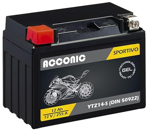 Acconic Sportivo GEL YTZ14-S, YTZ14S, YT12A-BS, YT12A. Motorradbatterie 12V 12Ah 255A DIN 51101 Maße: 150x87x110mm. Mit bis zu 30% mehr Startleistung.