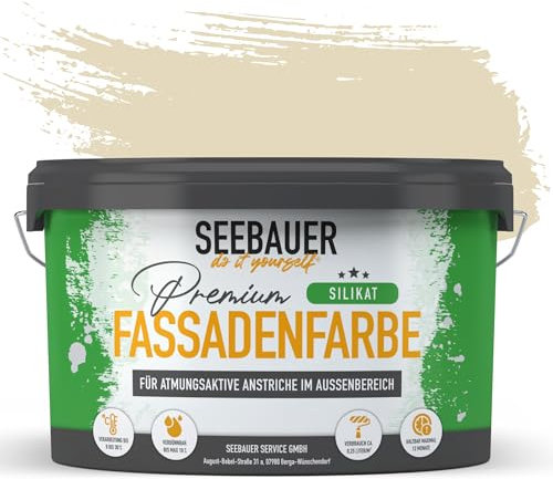 SEEBAUER diy Silikat-Fassadenfarbe Beige 2,5L für Außen (No. 433 Vanilla Cream) Atmungsaktive Mineralfarbe für Fassaden - Geeignet für Putz, Mauerwerk und Beton