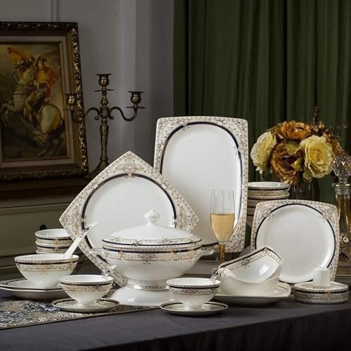SQMGFA Vajilla, vajilla, Platos y Cuencos, Cuenco, Plato, sopera y Cuchara | Vajillas, Juego de Porcelana nórdica con Borde Dorado