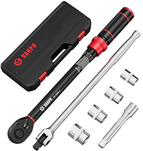 VANPO 1/2 Clé Dynamométrique 20-220Nm, 72 Dents Voiture Clés Dynamométriques jeu avec 1/2 Poignée Articulée 380mm, 125mm Barre d'extension, 17mm/19mm/21mm/23mm Douilles, pour Changement de Pneus