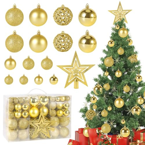 CIRULLI Bolas de Navidad de 101 Piezas - Bolas de árbol de Navidad, Bolas navideñas de plástico Bolas navideñas Doradas - Reutilizables - Ideal para Decoraciones navideñas ∅ 3-6 cm