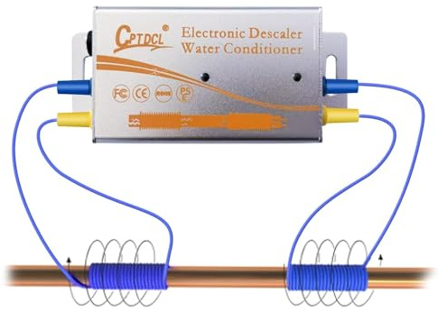 Sistema Descalcificador Electrónico de Agua sin Sal, Acondicionador para Agua Dura, Reduce Incrustaciones, para Todo Tipo de Mangueras Hidráulicas,12V,Dureza del agua: 10-15GPG (plata)