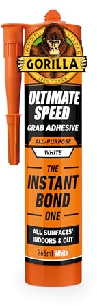 Gorilla ULTIMATE Speed Grab Adhesive, 266ml – Our Fastest Grab, Instant Hold, High Strength, 100% Waterproof, Withstands Extreme Temperatures, Gap Filling | Use On Metal, Wood, Brick (White)