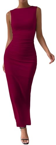Zesoyne Womens Maxi Dress Sexy Sleeveless Bodycon Round Neck Elegant Long Dresses for Party Wedding Cocktail M Wine Red