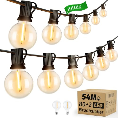OHLUX LED-belysningskedjor Utomhus med lampor, Varmvita Plastkul-lampor G40 2200K, Justerbara, Våtbeskyddade, Kopplingsbara för Trädgård, Patio, Veranda och Café-fester, E12-sockel