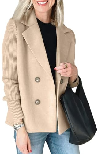 FUPODD Jacke Damen Winter Kurz Elegant Blazer Tweed Übergangsjacke Business Herbstjacke Patchwork Strickjacke Zweireihig Mantel Sakko Wollmantel Frauen Anzug Damenjacke Trenchcoat Revers Damenmantel