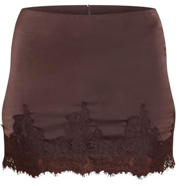 SANSIWU Womens Y2k Satin Lace Trim Mini Skirt Silk Lace Patchwork Back Zipper Wrap Mini Skirts Tight Bodycon A Line Short Skirts (A-Coffee, M)