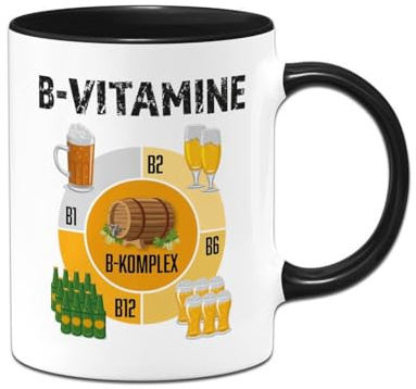 Tassenbrennerei Tasse mit lustigem Spruch B-Vitamine Bier-Motiv Geschenk für Biertrinker Männer Kollegen Kaffeebecher (Schwarz)