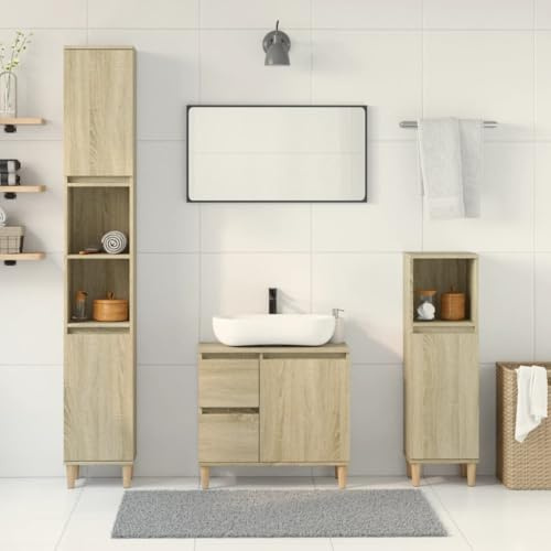 HaoChrymec 3-TLG. Badmöbel-Set Sonoma-Eiche, Holzwerkstoff, Massivholz Eukalyptus, Badmöbel Set mit Waschbeckenunterschrank, Badschränke, Badezimmer Set, Badezimmermöbel, 65 x 33 x 60 cm